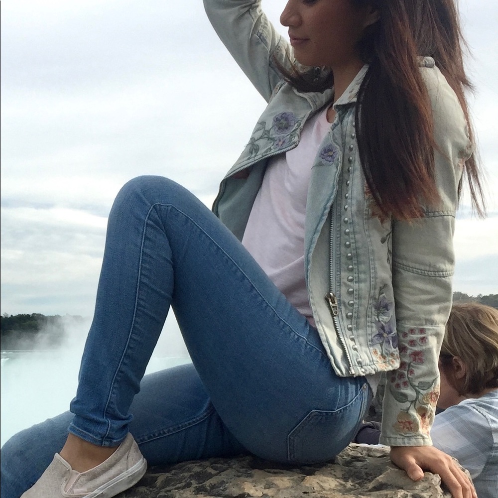 BlankNYC Embroidered Jean Moto Jacket